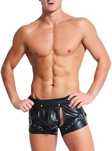 LHKAVE Men's Black Leather Underwear Tight Boxer Briefs Open Crotch Lingerie Wetlook Oversize Underpants,XXL