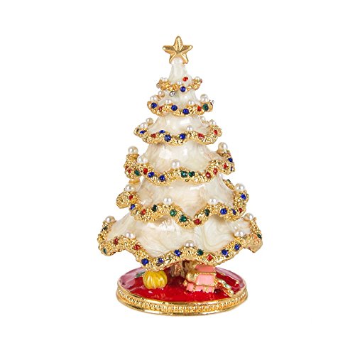 QIFU Hand Painted White Christmas Tree Shape Jewelry Trinket Box With Rich Enamel And Sparkling Rhinestones, Unique Gift for Christmas
