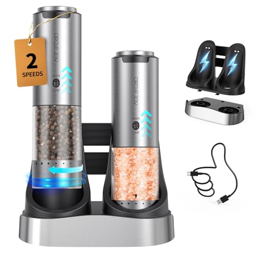CIRCLE JOY Wiederaufladbares Elektrische Salz und Pfeffermühle 2er Set aus Edelstahl mit 2-in-1 Ladestation, 95ml Behälter, Weißem LED-Licht, Extern E