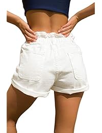 Pantalones cortos de vaquero con dobladillo doblado y bolsillos desgarrados de cintura alta para dama