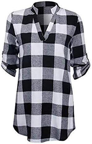 DEATU Plaid Shirt Sale Women Roll-up Long Sleeve V Neck Office Work Blouse Plaid Tops Cotton Blended T-Shirts