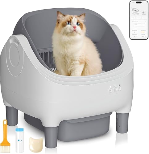 KONITILL Arenero para Gato Autolimpiable con Tapa Abierta y Control por App para Múltiples Gatos - Sensores de Seguridad, Control de Olores - Incluye 2 Bolsas Desechables, Bandeja de Desechos Grande