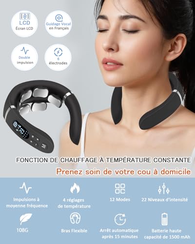 Neck Massager, 6 Heads Portable Electric Massager with 42°C Thermal Therapy, 12 Modes 22 Levels, Smart Voice Function, LCD Display, Suitable for Home and Office