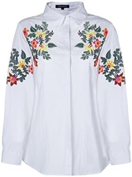 OMONSIM Shoulder Floral Pinting Long Sleeve Shirt Blouse White Women Top Casual (X-Large, White)