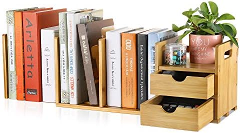 Extendable Bamboo Desk Storage Desk Organizer Desktop Shelf Box with Retractable Bookend-2 Drawer, 2 Mail/File/Paper Holders for Office Supplies and Desk Accessories for Office, Home and Dorm