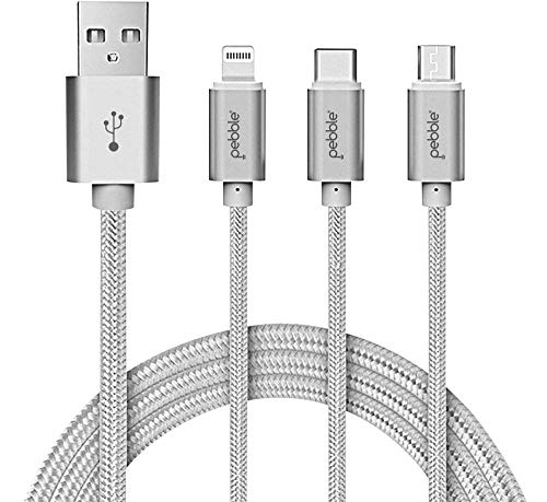 Pebble PNC311S 3 in 1 Nylon Braided Charging Cable with Type C, Lightning and Micro USB - 3.28 Feet (1 Meters) - (Silver