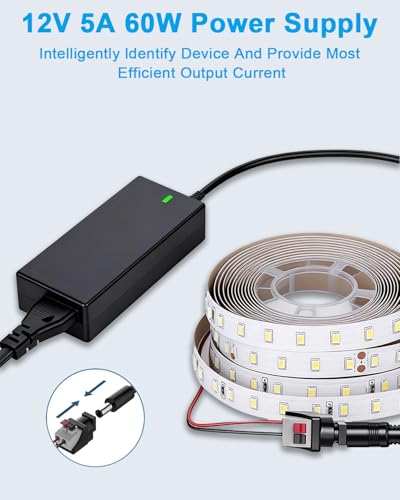 Power Supply 12 V 5 A 60 W Power Supply for LED Strips, LED Light Strip, TV, DVD TVs TFT Screen Monitor, NAS, EXT. Hard Drives, for Pico-PSU to Power Supply Adapter 5.5 x 2.5/2.1 mm