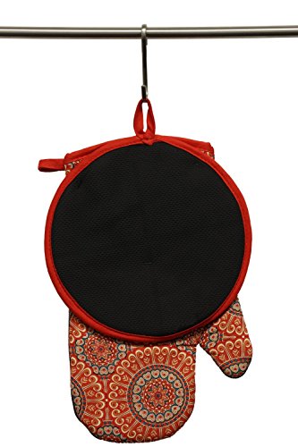 Gourmet Club Oven Mitt & Potholder Set w/Neoprene for Easy Gripping, Heat Resistant up to 500 Degrees F, Medallion Salsa