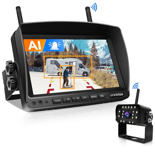 URVOLAX Truck Reversing Camera Wireless with AI Detection: Wireless Camera with 7 Inch 1080P FHD Monitor for Motorhome Caravan Trailer - Wireless System with Beep Alarm Loop Recording Zoom Function Night Vision