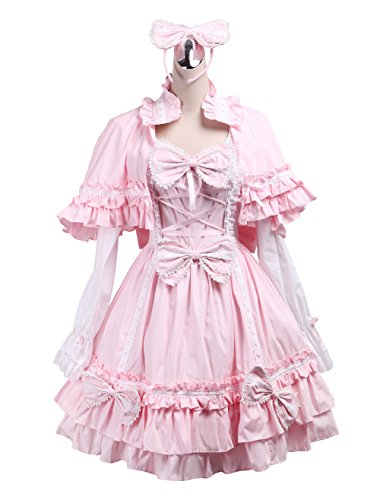 antaina Pink Cotton Bows Ruffle Sweet Victorian Lolita Dress With Cape Headware
