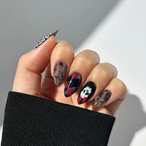 24 Pcs Black Nails Halloween Press on Nails Medium Length Fake Nails Almond RIICFDD False Nails with Red Rose and Skull Pattern Design Full Cover Horror Stick on Nails for Women and Girls - Image 3