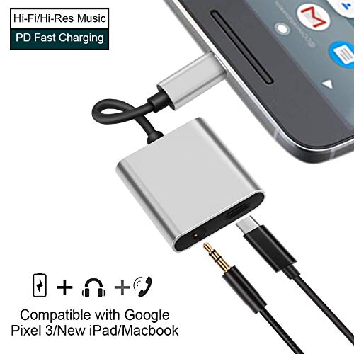 Pixel 2 Headphone and Charger Adapter, Autynie 2 IN 1 USB-C to 3.5mm Aux port with Type-C Fast Charging Port for Pixel 3/2/XL, New iPad, Essential Phone and More-Support DAC and Hi-Res Music (Silver)
