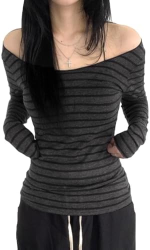 Women Striped Long Sleeve Grunge Shirt Tops Off The Shoulder Y2K