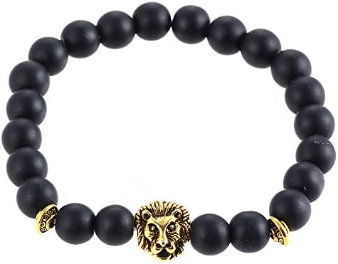 Jewelrydress Lava Rock Turquoise Matte Agate Picture Unisex Bracelet Energy Beads Gold Plated Lion Head Matte Black