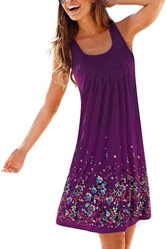 CadeVic Women's Summer Casual Loose Floral Mini Print Pleated Sleeveless Sundress A-Line Beach Dress