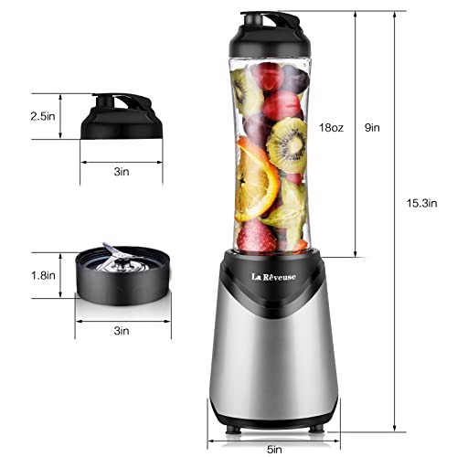 La Reveuse Smoothie Blender Personal Size 300 Watts with 2 Pieces 18 oz BPA Free Travel Sports Bottles (Silver)