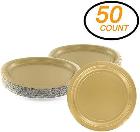 Amcrate Paper Dinner Plates Gold, 8 1/2 Inches Paper Plates Disposable, Strong and Sturdy Disposable Plates for Party, Dinner, Holiday, Picnic, or Travel Party Plates, Pack of 50