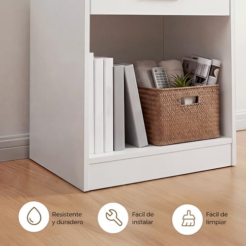 OSLIFE Juego de Buros para Recamara Minimalista,Par de Modernos Mesa de Noche Blanco,Mesa con Cajones,Side Table Pequeño,Estantería Abierta,Armarios Esquineros y Armarios de Almacenamiento(2 Pieza)