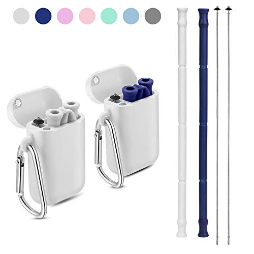 Yoocaa Reusable Silicone Collapsible Straws - 2 Pack Portable Drinking Straw with Colorful Carrying Case and Cleaning Brush, BPA Free - Blue Grey