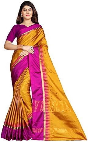 Pramukh Suppliers Women's Cotton Yellow Striped Zari Saree with Blouse Piece (Temple_Yellow_Free Size)