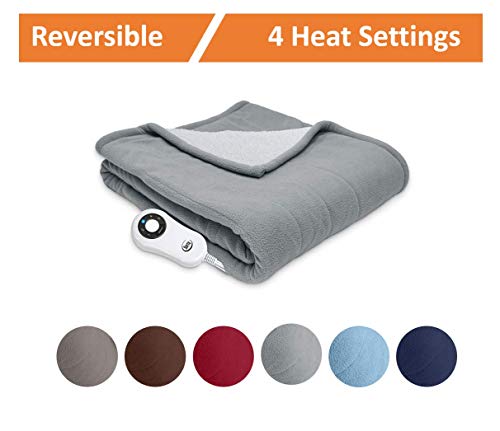 Serta | Reversible Sherpa/Fleece Heated Electric Throw Blanket, Standard, (Gray)