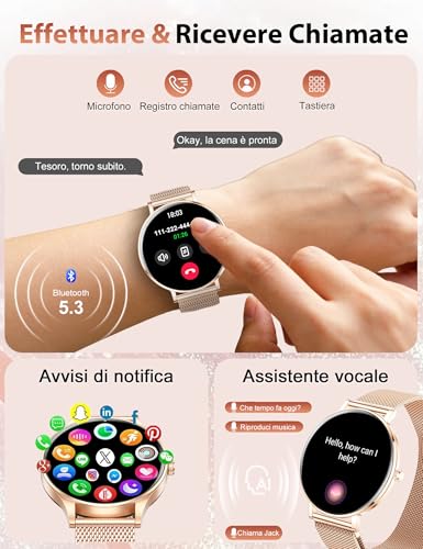 Smartwatch Donna,8mm Ultra Sottile,1.32" AMOLED Smart Watches con 7 Giorni di Batteria,Chiamate BLE5.3,Frequenza cardiaca, SpO2, Sonno, Contapassi,IP68 Orologio Fitness per Android/iOS,Oro Rosa