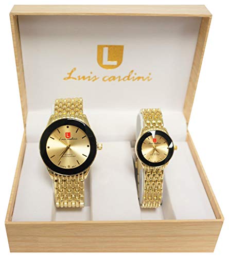 His and Hers Beautiful Gold Metal Black Face Analog Quartz Watch Gift Set