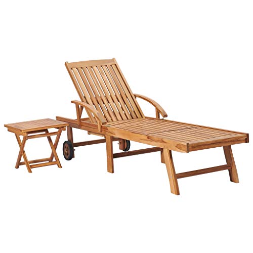 vidaXL Teak Massiv Sonnenliege mit ausziehbarem Tisch Beistelltisch Gartenliege Holzliege Liegestuhl Relaxliege Strandliege Liege Gartenmöbel