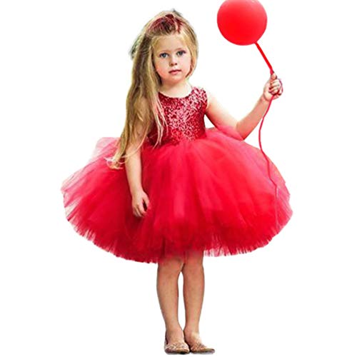 Toddler Girl Baby Lace Flower Sequin Tutu Dress Tulle Pageant Wedding Party Formal Girls Dresses red02 12-18M