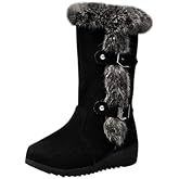 WENOREG Women's Suede Warm Mid Calf Snow Boots,Fashion Metal Buckle Furry Wedges Booties Outdoor Water Proof Anti-Slip Warm Plus Fleece Cotton Retro Winter Snow Tall Boots