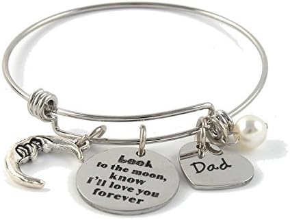 Liuanan Look to the moon, i love you forever Stainless Steel Initial Disc Expandable Wire Bracelet Bangle for Dad &amp; Mom Gift (Dad)
