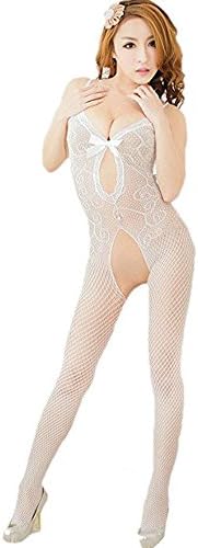 VNFNMI Women Sexy Lingerie Fishnet Open Crotch Bowknot Bodystocking Bodysuits Tights Crotchless Pantyhose(White)