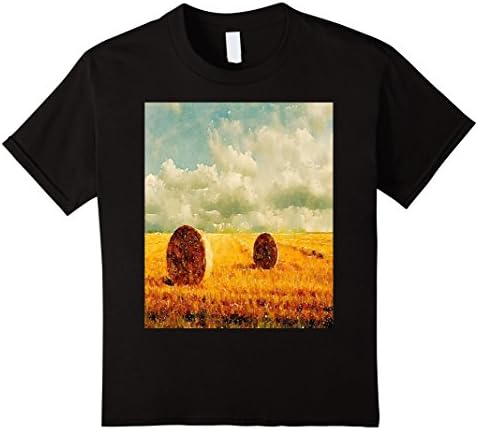 Country Farmer Rural Landscape Hay Bales T Shirts - Kids 8 - Black