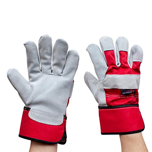 SAFE HANDLER Deluxe Work Gloves | Single Palm Split Leather, 3" Rubber Cuff, Cowhide Leather, Inner Cotton Lining, Rubberized Safety Cuff, Grade A Split Leather, 1 Pair