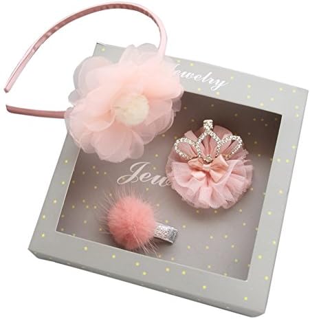 Pengduo Set of 3 Baby Girl Headband/Hairband and Matching Hair Clip Hair Rope Set Fairy design Pink Crown