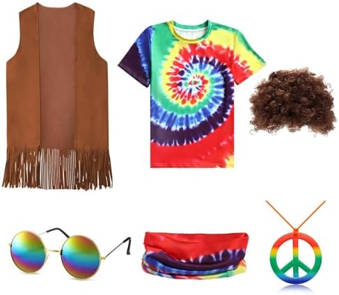 Disfraz De Hippie Completo Para Hombre Y Mujer – Peluca, Gafas, Collar Paz Y Diadema Multicolor – Ideal Para Fiestas De Los 70 Y 80