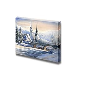 Winter Mountain Landscape with Small Church and Bridge...