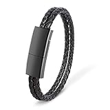 Christmas/New Year Gifts USB Charging Bracelet Cable Fashion Double Braided Leather Wrist Data Charger Cord (Black L（8.2"）)