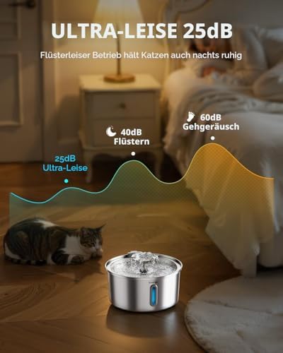 Katzenbrunnen Edelstahl, 3.2L Trinkbrunnen für Katze mit Blumenfontäne, LED-Anzeige, Wasserstandsanzeige und 5-Fach Filtersystem - Leiser Haustierbrunnen für Katzen und Kleine Hunde