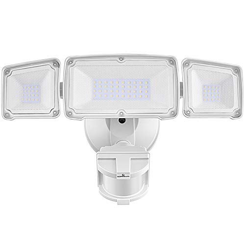 LED Security Lights, 35W Motion Sensor Light Outdoor, GLORIOUS-LITE 3 Head Flood Light with Dusk to Dawn Mode, 5500K-6000K, IP65 Waterproof, ETL Certified for Garage, Yard, Porch, Entryways – White