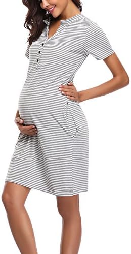 WOAIVOOU Women's Strip Short Sleeve Maternity Dress Nursing/Breastfeeding Nightgown Dress