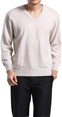 METERDE Men's Must-Have V Neck Cashmere Basic Pullover Sweater Off White 2XL