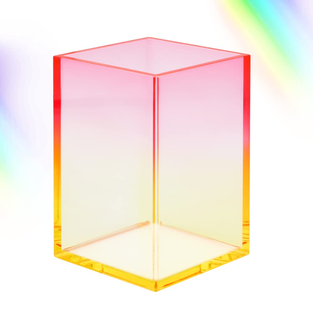 Gradient Acrylic Pen Container Holder，Clear Yellow Red Makeup Brush Holder Pen Pencil Cup Pot Acrylic Desktop Organizer Home Office Desktop Decoration for Kid Student Girl Woman Gift