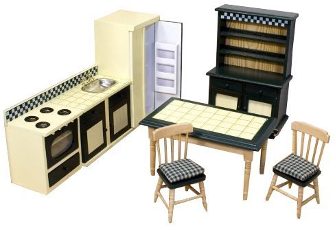 Melissa & Doug Classic Wooden Dollhouse Kitchen Furniture (7 pcs) - Buttery Yellow/Deep Green