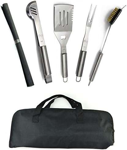 Stainless Steel BBQ Grill Tools Set - 5 Piece Grilling Tool Accessories Barbecue Kit W/ Carry Bag and Silicone BBQ Mat (5)