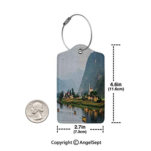 Colorful Unique DIY Printed Luggage Tags,Calm Asian Riverside Village Small Houses Mountains Trees Boats Flowing Water 4 PCS Multicolor,for Bags Backpacks, Suitcases, and Golf Bags