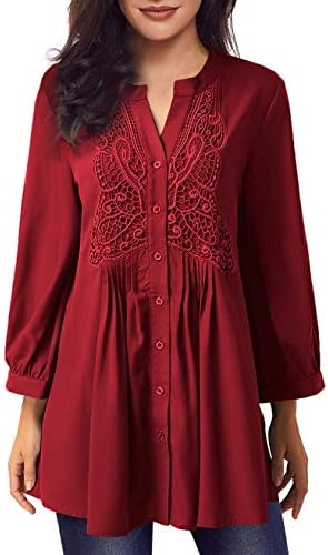 Women Long Sleeve Notch Neck Pleated Loose Blouse Tunic Top