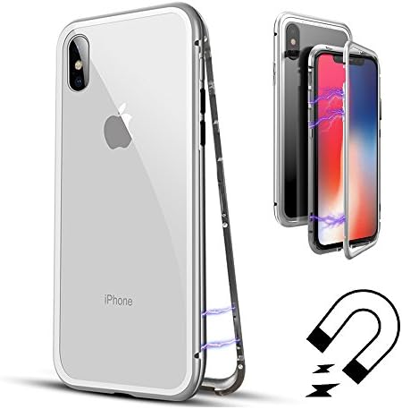 iPhone X Case, MFEEL Ultra-Thin Slim Fit Magnetic Adsorption Technology Metal Frame Clear Tempered Glass Back Support Wireless Charging with Built-in Magnet Flip Cover for Apple iPhoneX iPhone 10