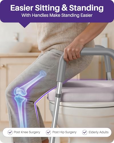 KEKOY Raised Toilet Seat for Elderly, 7 Heights & 3 Widths Adjustable Raised Toilet Seat with Handles, A-Frame Anti-Tip Legs & Cushion, Tool-Free Installation, Fits Most Bathrooms, Gray