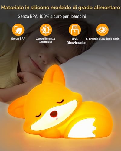 Amaredom Cute Fox Night Light Dimmable Silicone LED Lamp with Timer and Touch Control Perfect for Children's Room, Bedside, Bedroom and Living Room